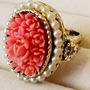 Vintage 1960s Carved Roses Ring Faux Coral & Pearls Adjustable Ornate Goldtone